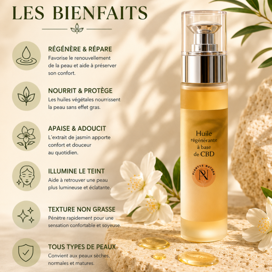 Les bienfaits de l’huile régénérante CBD Plantys Natura avec texture huile nourrissante et ambiance skincare premium naturelle