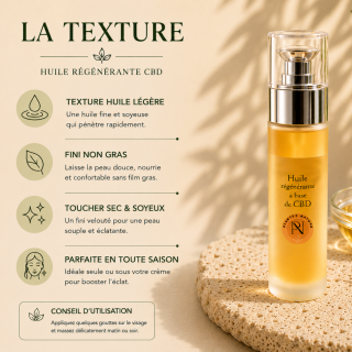 Texture légère et non grasse de l’huile régénérante CBD Plantys Natura dans une ambiance skincare premium naturelle