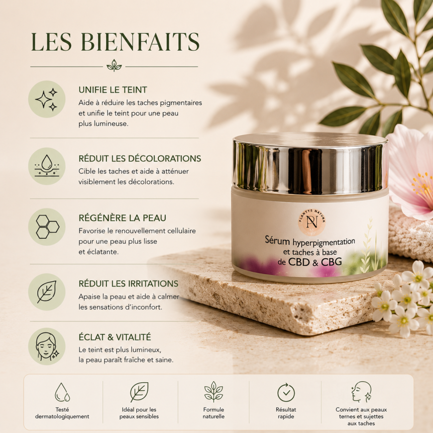 Les bienfaits du sérum hyperpigmentation CBD & CBG Plantys Natura avec correction du teint et réduction des taches pigmentaires