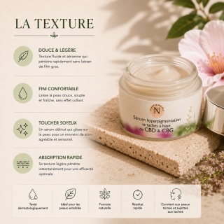 Texture légère du sérum hyperpigmentation CBD & CBG Plantys Natura avec pot ouvert dans une ambiance skincare premium naturelle