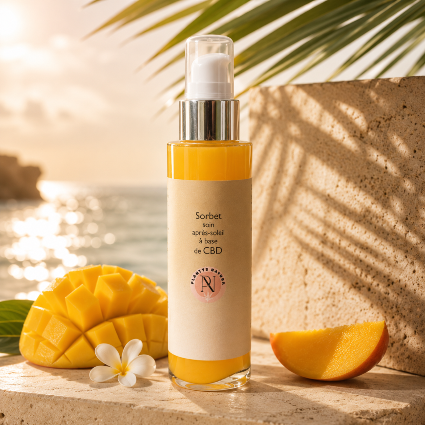 Sorbet soin après-soleil CBD Plantys Natura avec mangue dans une ambiance estivale premium et naturelle