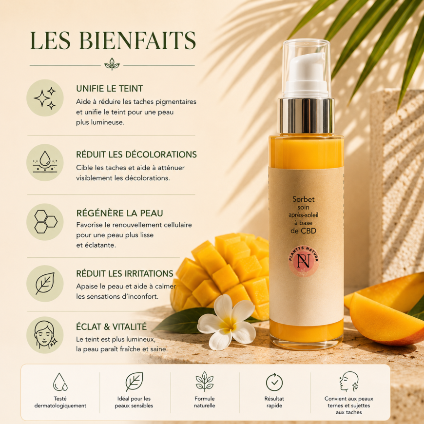 Les bienfaits du sorbet soin après-soleil CBD Plantys Natura avec hydratation, apaisement et prolongation du bronzage