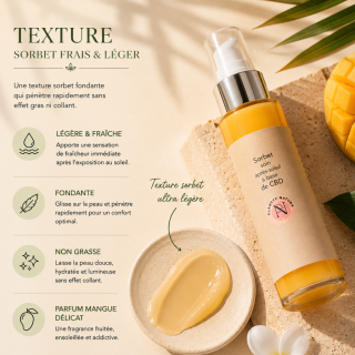 Texture légère du sorbet soin après-soleil CBD Plantys Natura avec effet frais et fondant sur la peau