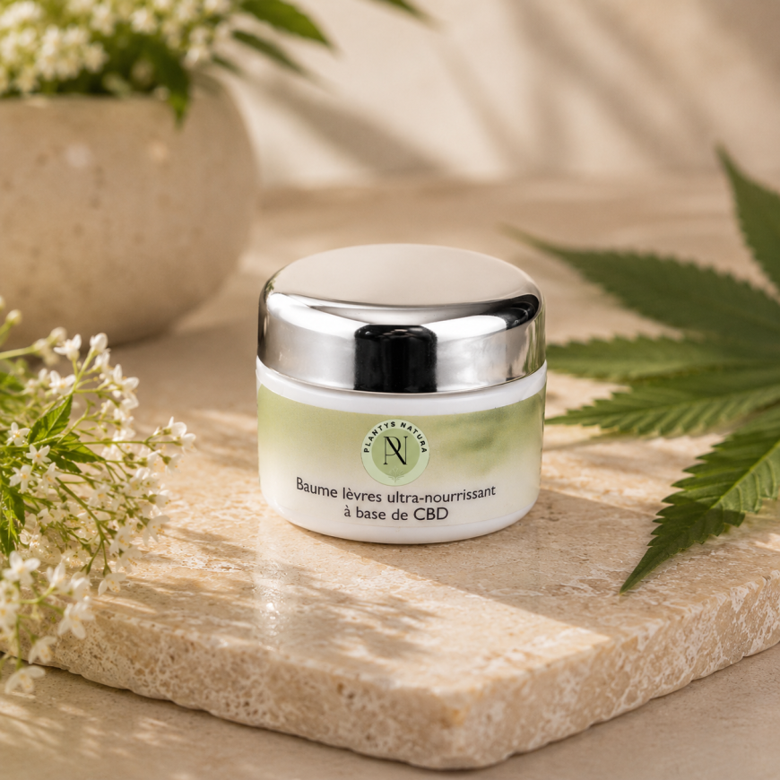Baume lèvres ultra-nourrissant au CBD Plantys Natura petit format dans une ambiance naturelle premium et minimaliste