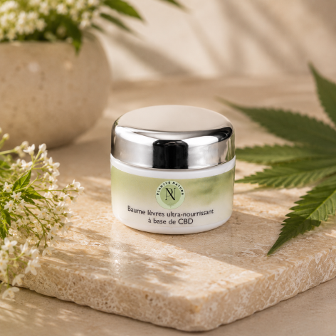 Baume lèvres ultra-nourrissant au CBD Plantys Natura petit format dans une ambiance naturelle premium et minimaliste
