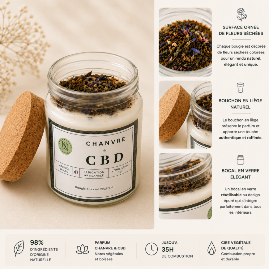 Bougie Chanvre & CBD Plantys Natura avec bouchon en liège naturel, fleurs séchées décoratives et bocal en verre élégant