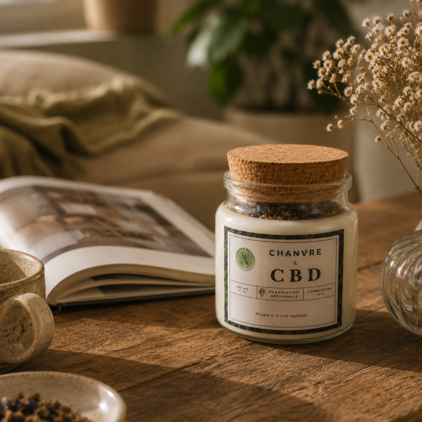 Bougie Chanvre & CBD Plantys Natura avec bouchon en liège dans une ambiance cocooning naturelle sur table en bois