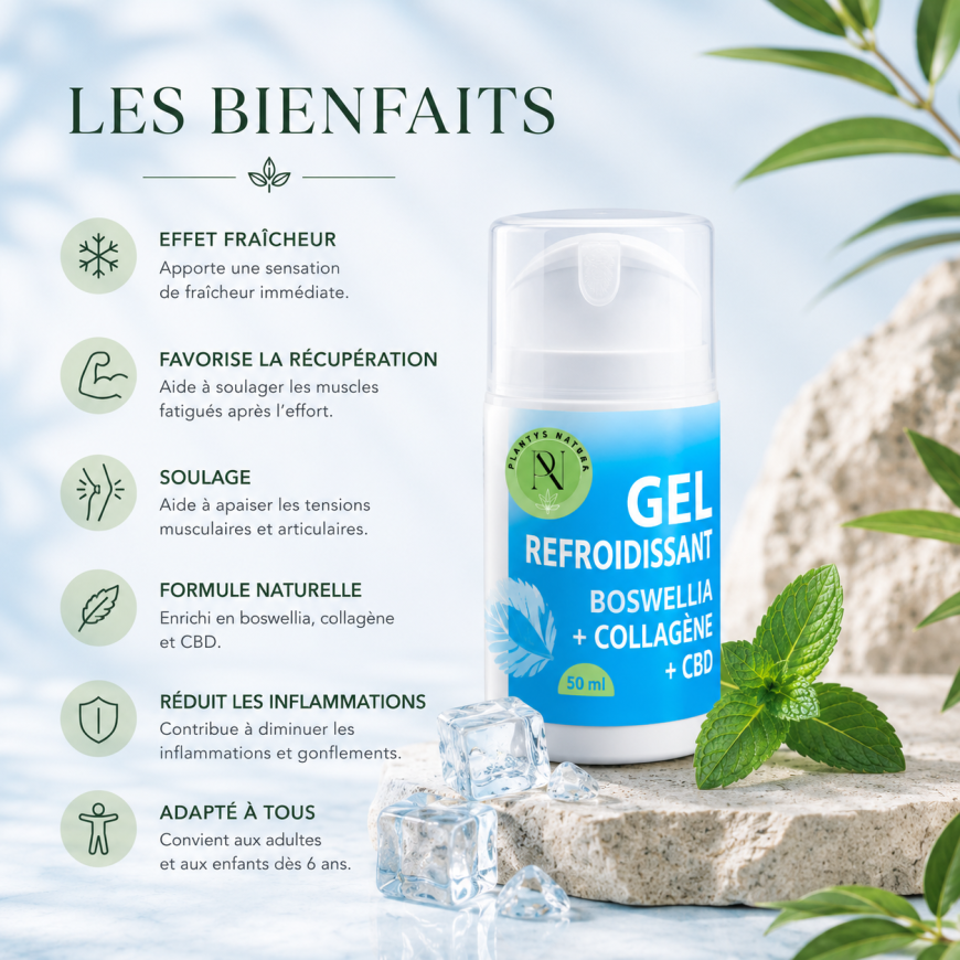 Bienfaits du gel refroidissant CBD Plantys Natura à la boswellia et au collagène