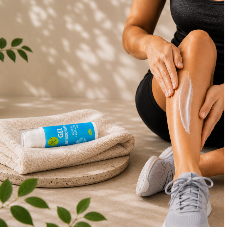 Gel froid au CBD Plantys Natura appliqué sur la jambe après effort avec flacon posé sur une serviette