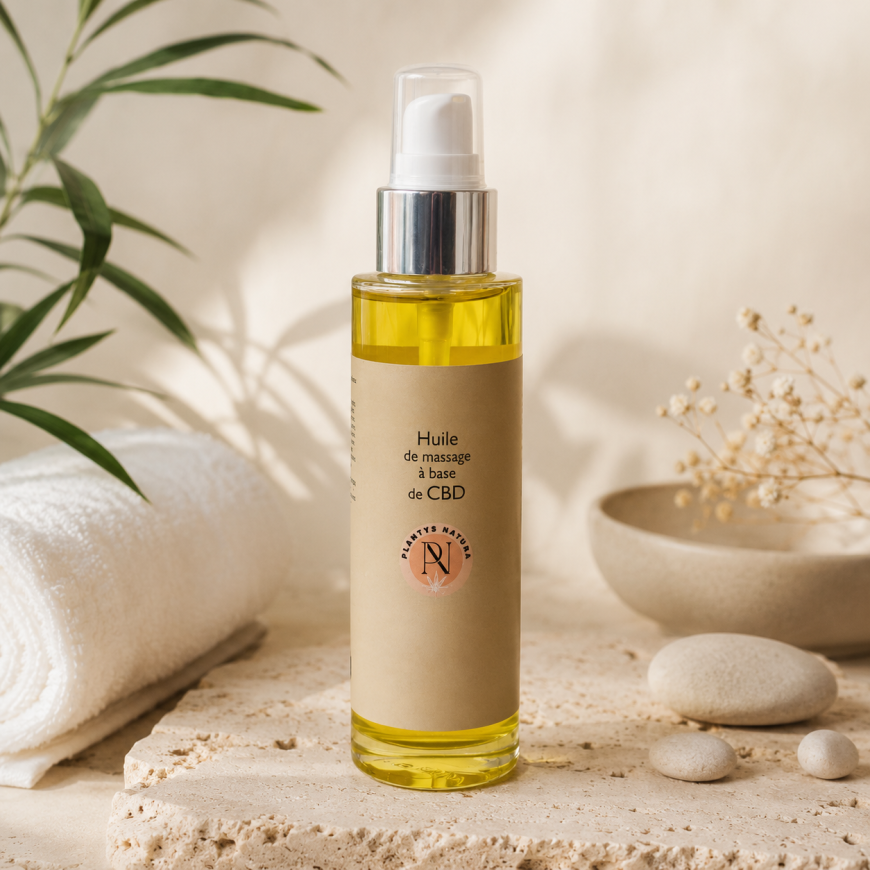 Huile de massage CBD Plantys Natura avec huile de chanvre – soin corps relaxant