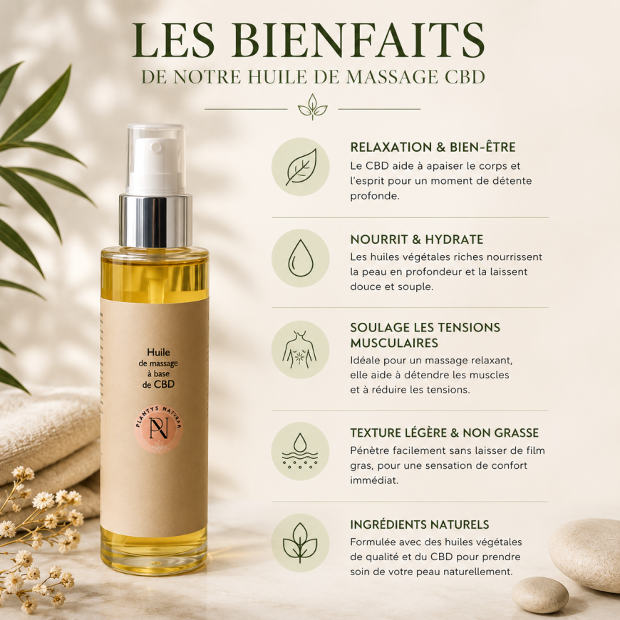 Bienfaits de l’huile de massage CBD Plantys Natura – relaxation, hydratation et confort de la peau