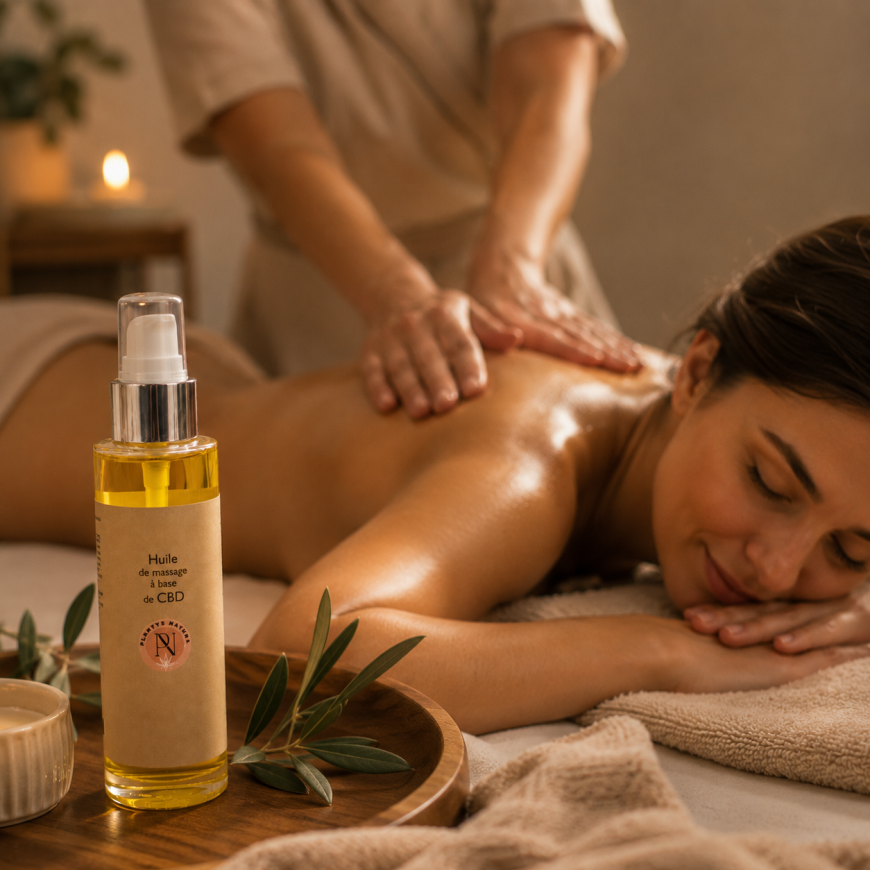Huile de massage CBD Plantys Natura en mise en situation spa lors d’un massage relaxant du dos