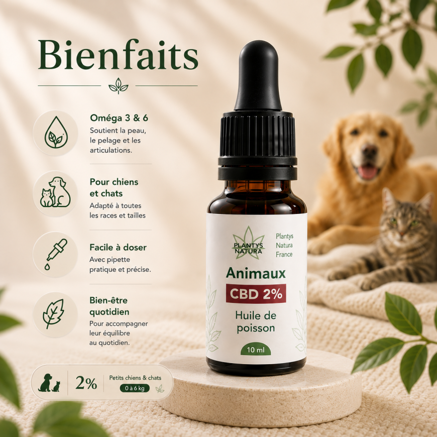 Huile CBD 2% animaux Plantys Natura – bienfaits pour petits chiens et chats de 0 à 6 kg