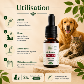 Guide d’utilisation huile CBD 2% animaux Plantys Natura pour petits chiens et chats