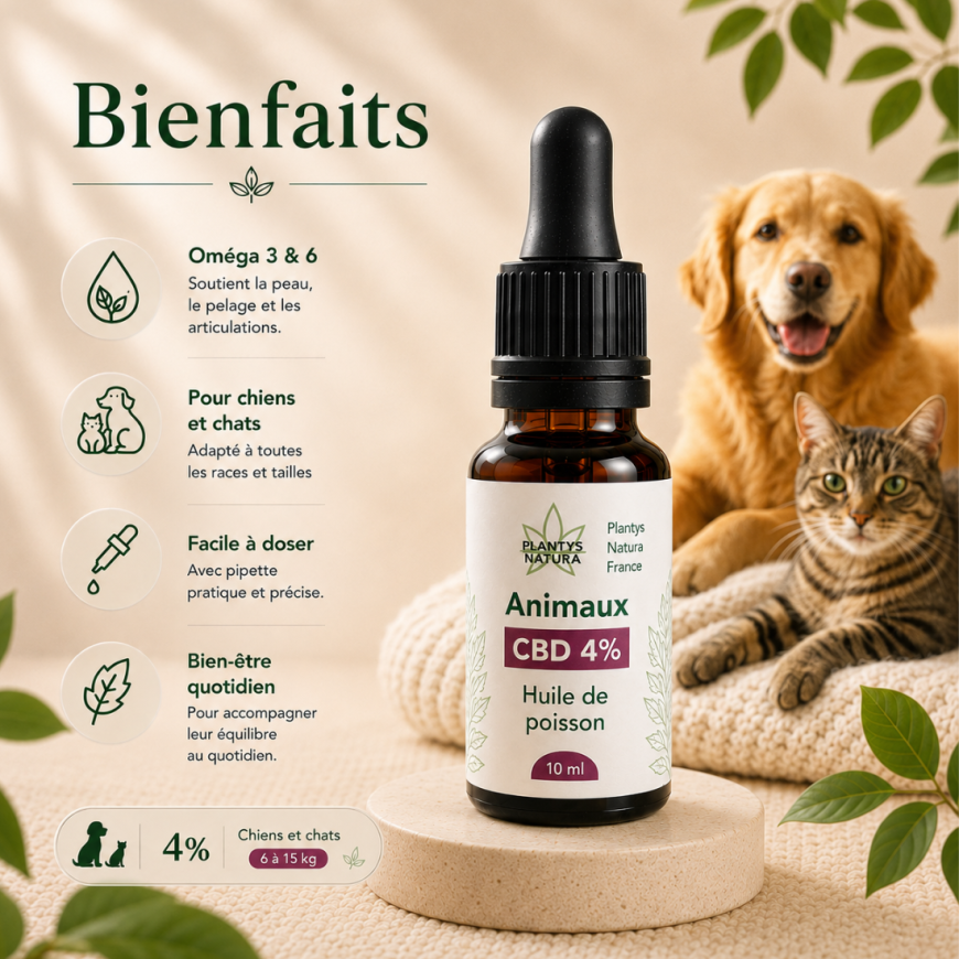 Huile CBD 4% animaux Plantys Natura – bienfaits pour chiens et chats de 6 à 15 kg