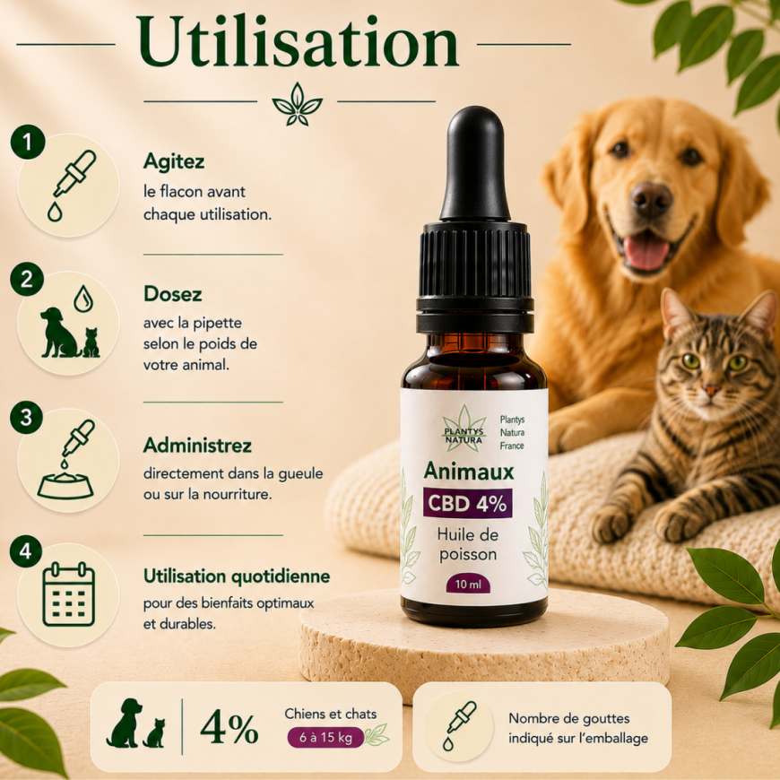Guide d’utilisation huile CBD 4% animaux Plantys Natura pour chiens et chats