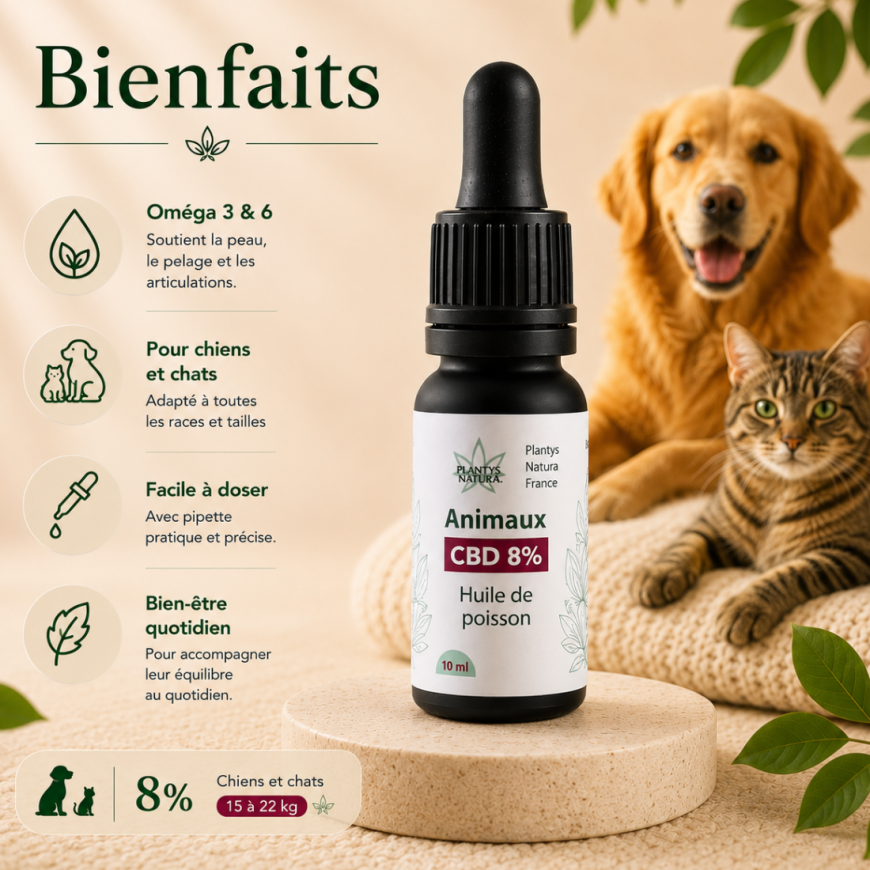 Bienfaits huile CBD 8% animaux Plantys Natura pour chiens et chats de 15 à 22 kg
