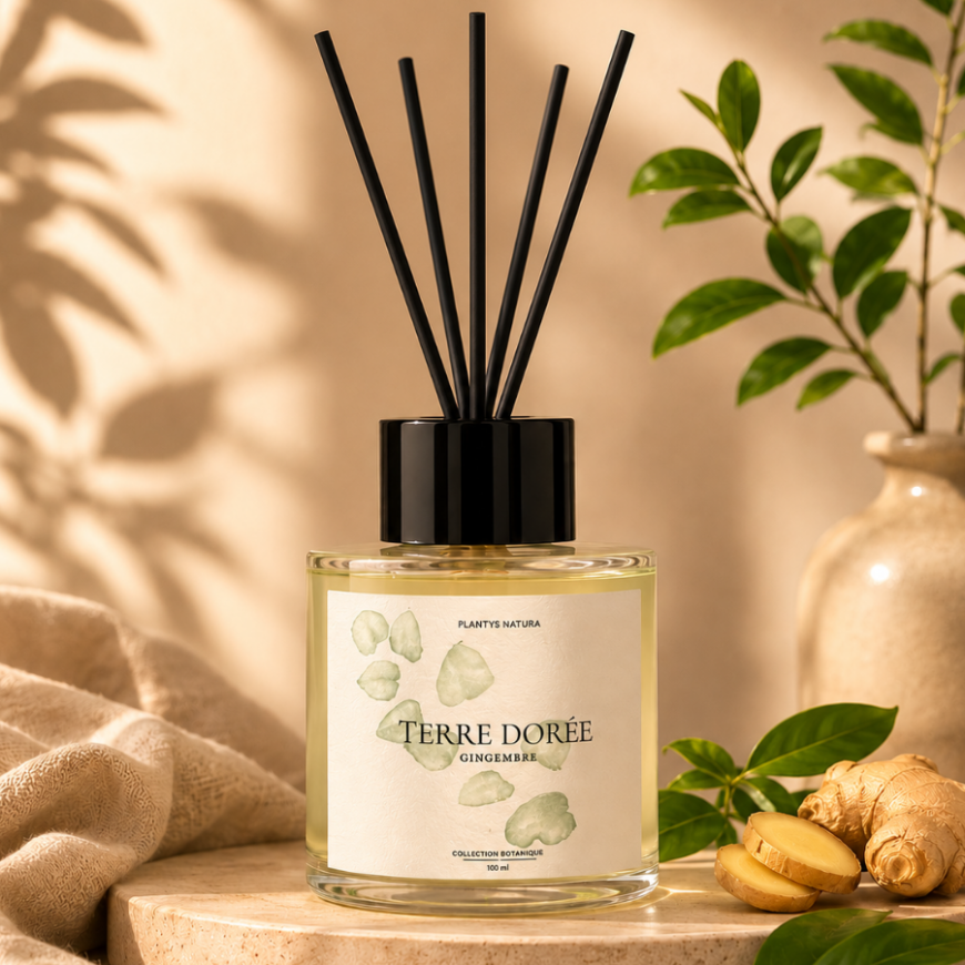 Diffuseur d’ambiance Terre Dorée Gingembre Plantys Natura avec bâtonnets noirs