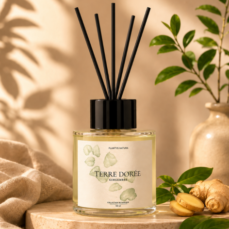 Diffuseur d’ambiance Terre Dorée Gingembre Plantys Natura avec bâtonnets noirs