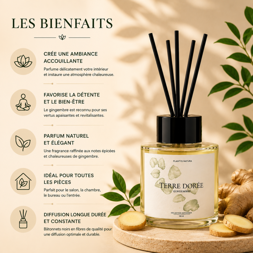 Bienfaits du diffuseur de parfum Gingembre Terre Dorée Plantys Natura