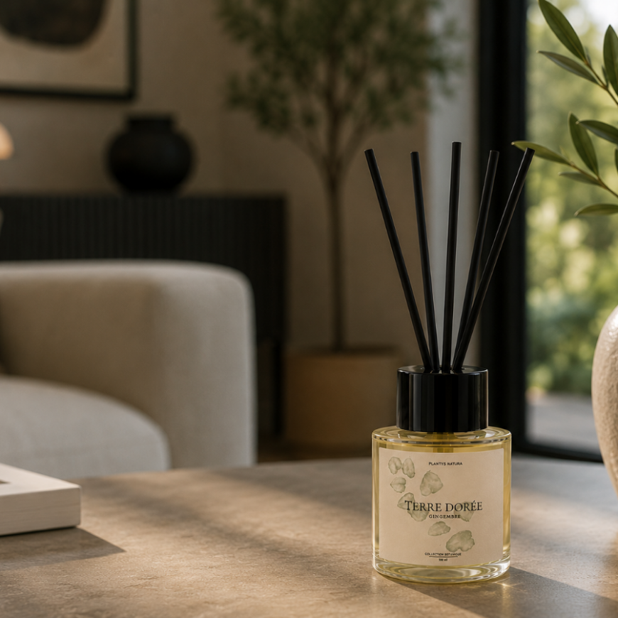 Diffuseur Terre Dorée Gingembre Plantys Natura en ambiance dans un salon moderne
