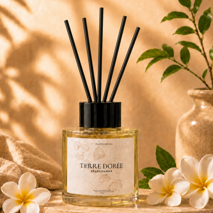 Diffuseur de parfum Terre Dorée au frangipanier avec bâtonnets noirs dans une ambiance naturelle et élégante