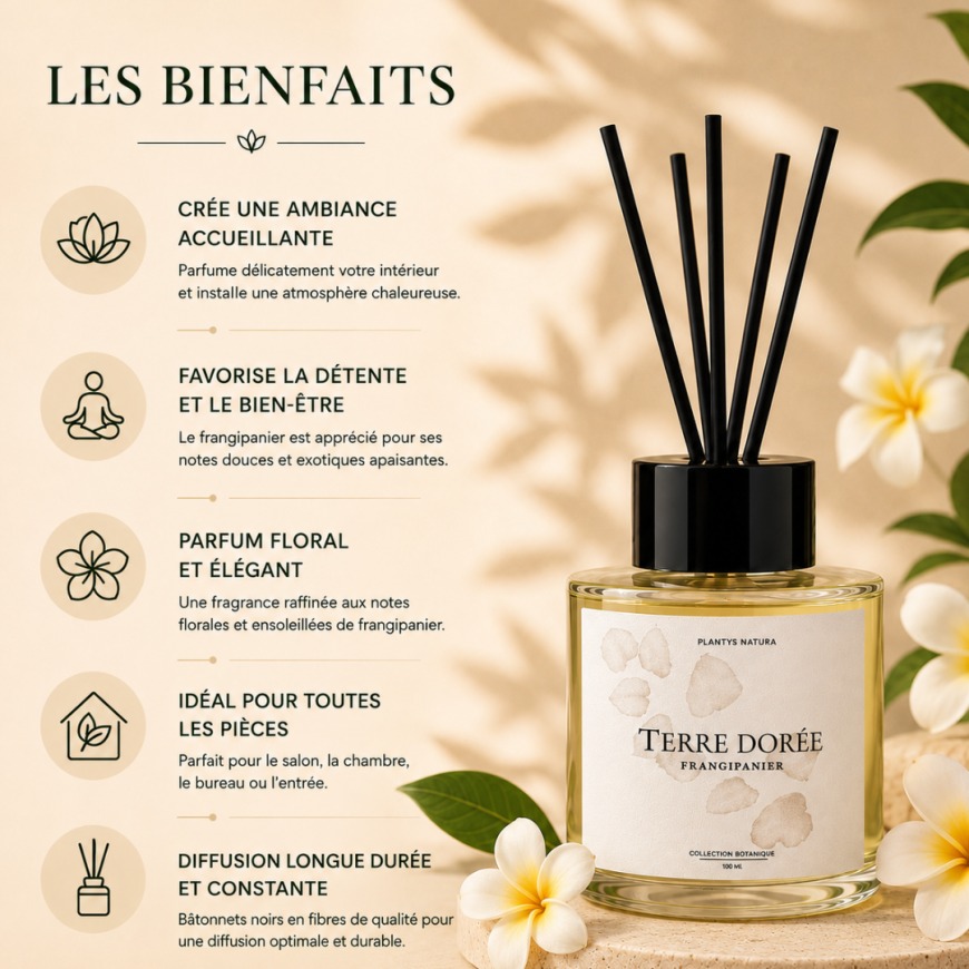 Bienfaits du diffuseur de parfum Frangipanier Terre Dorée Plantys Natura