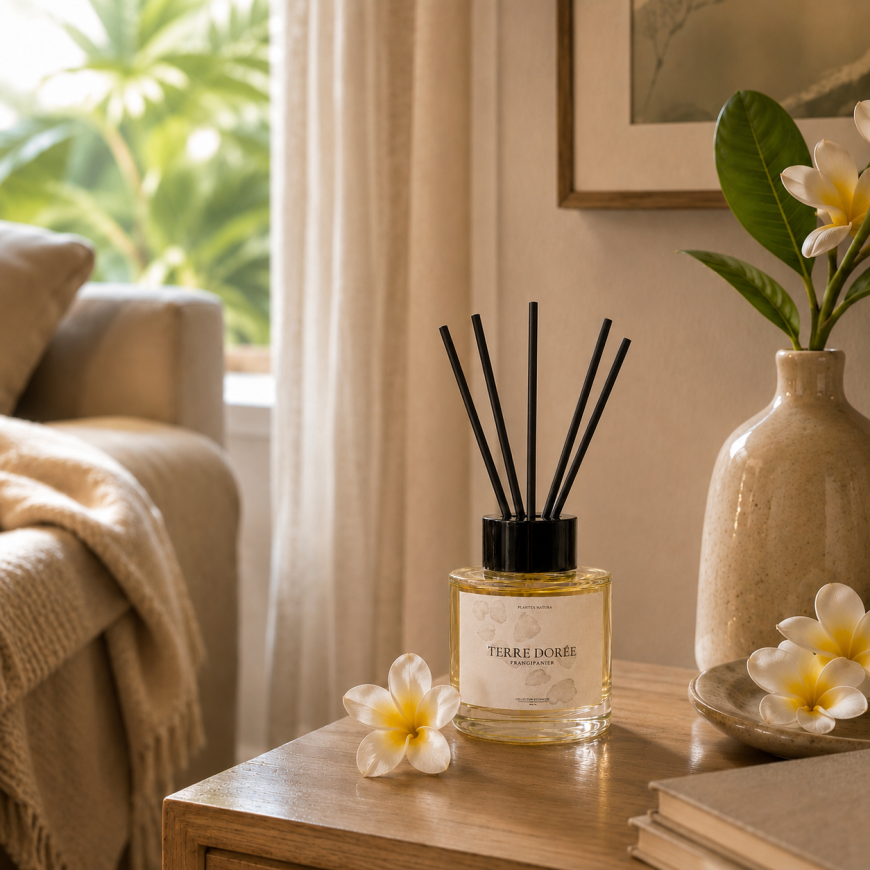 Diffuseur de parfum Frangipanier Terre Dorée Plantys Natura dans une pièce de maison